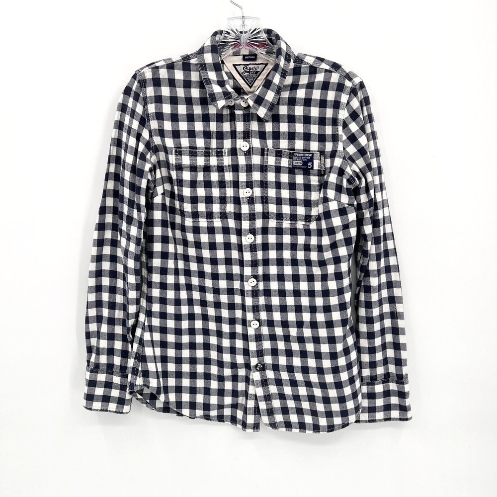 SUPERDRY Womens M Navy/White Long-Sleeve Button-Up Flannel Shirt Limited Edition